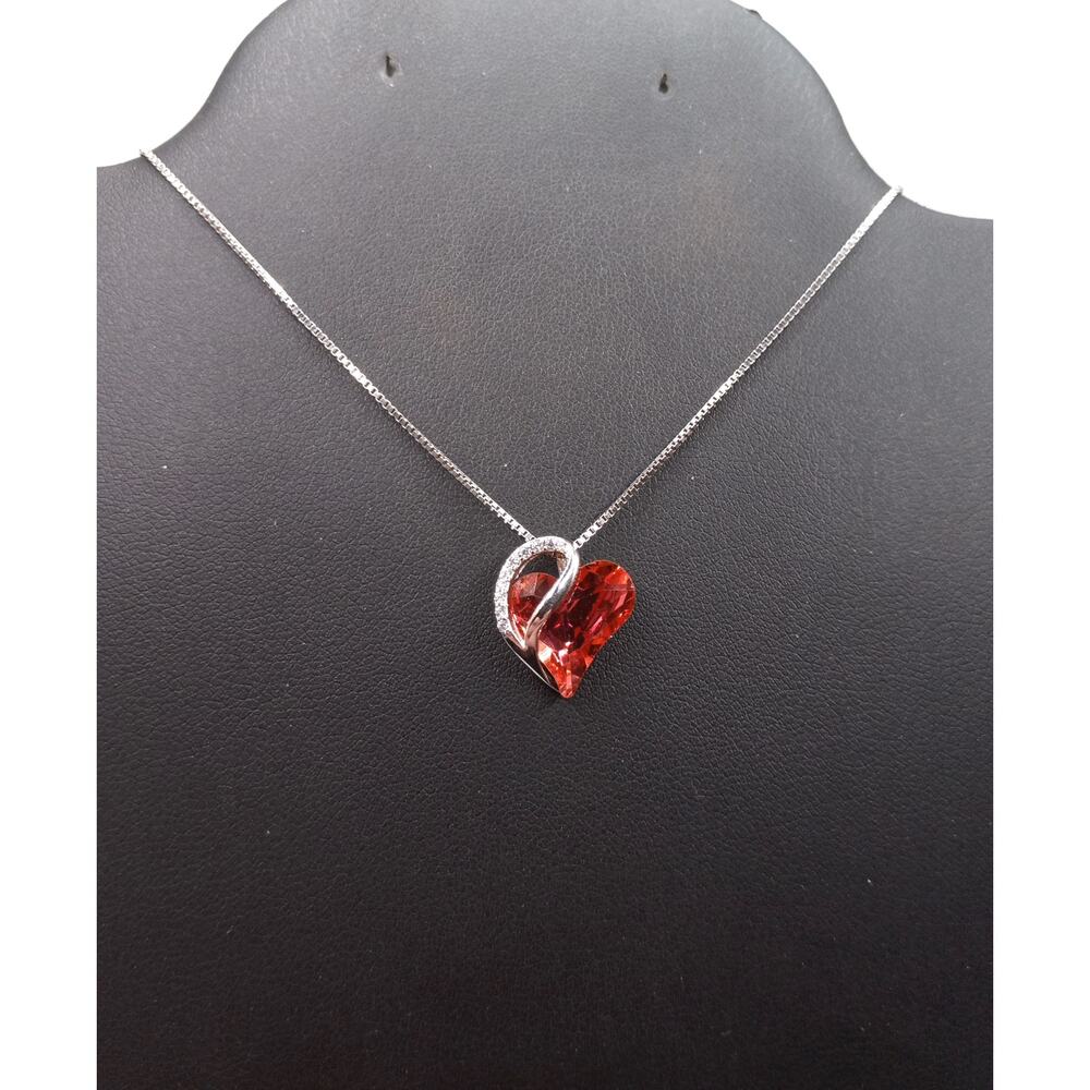 925 Sterling Silver Red Heart Necklace CZ 15" + Extender